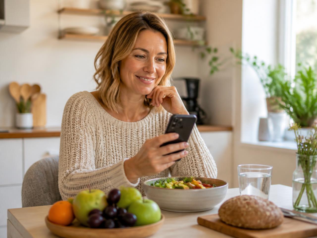 Vrouw overlegt met Elske™ via haar smartphone aan de keukentafel